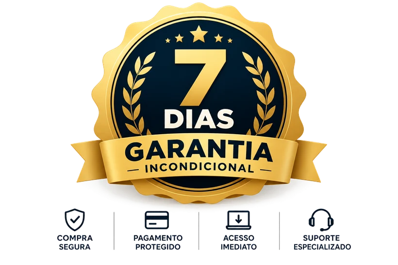 Selo de garantia incondicional de 7 dias, compra segura, pagamento protegido, acesso imediato e suporte